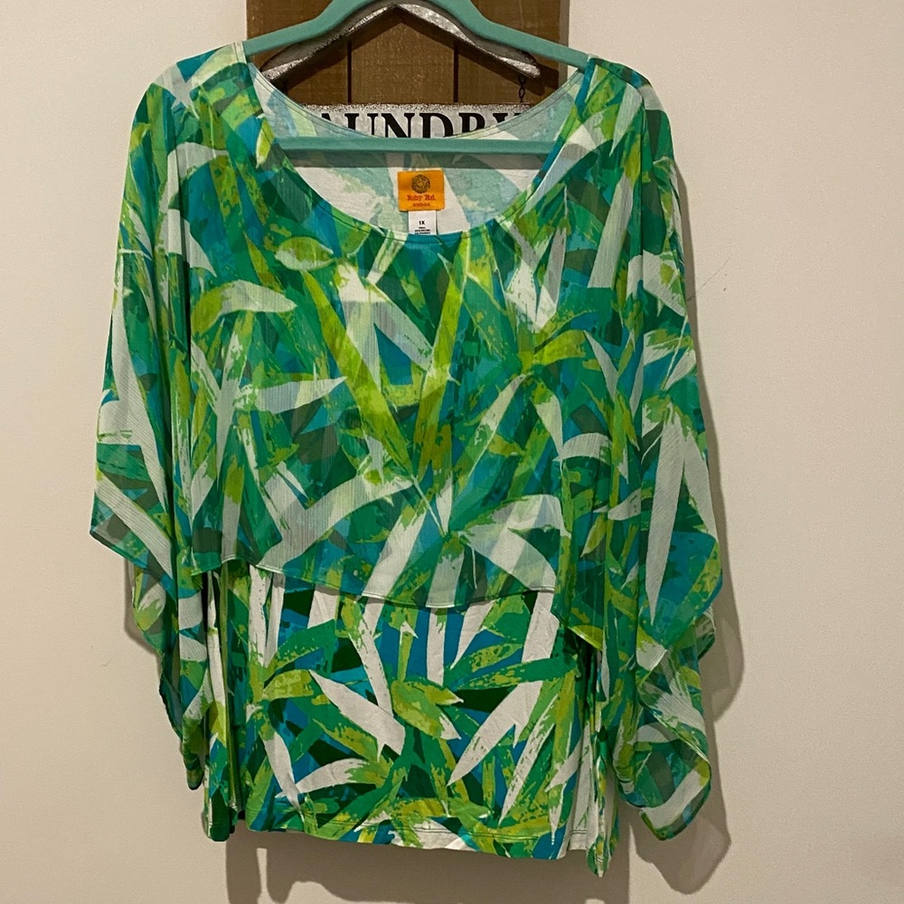 Ruby Rd. Green And Blue Leaf Print Blouse - image 1